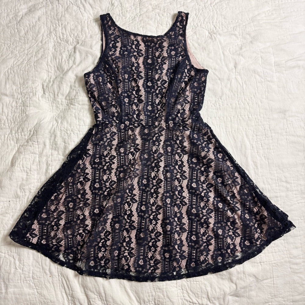 Speechless Navy Blue Lace Fit & Flare Office Siren Party Skater Overlay L NWT